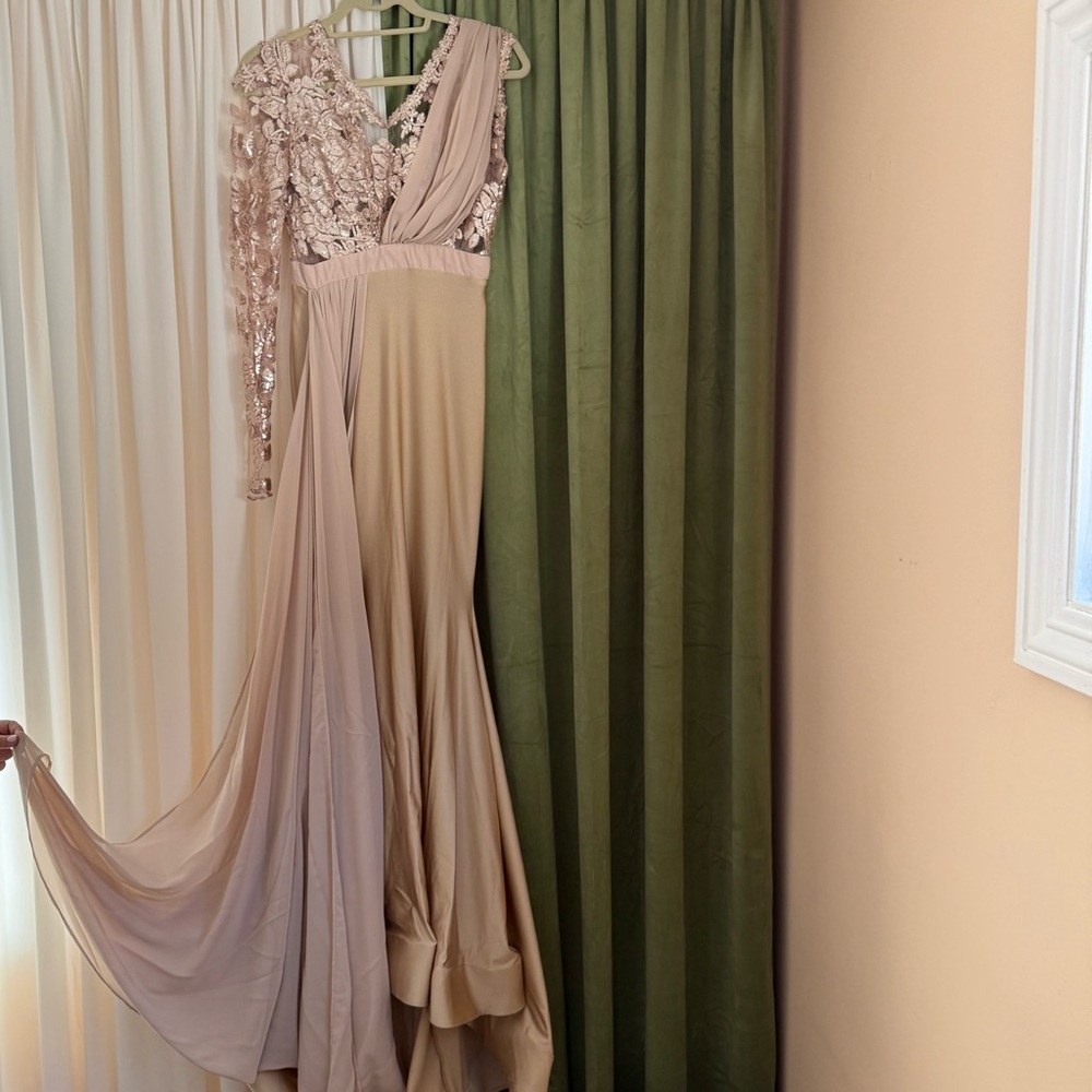 Elegant Ryan & Walter Beige and Gold Gown with Sequin Details